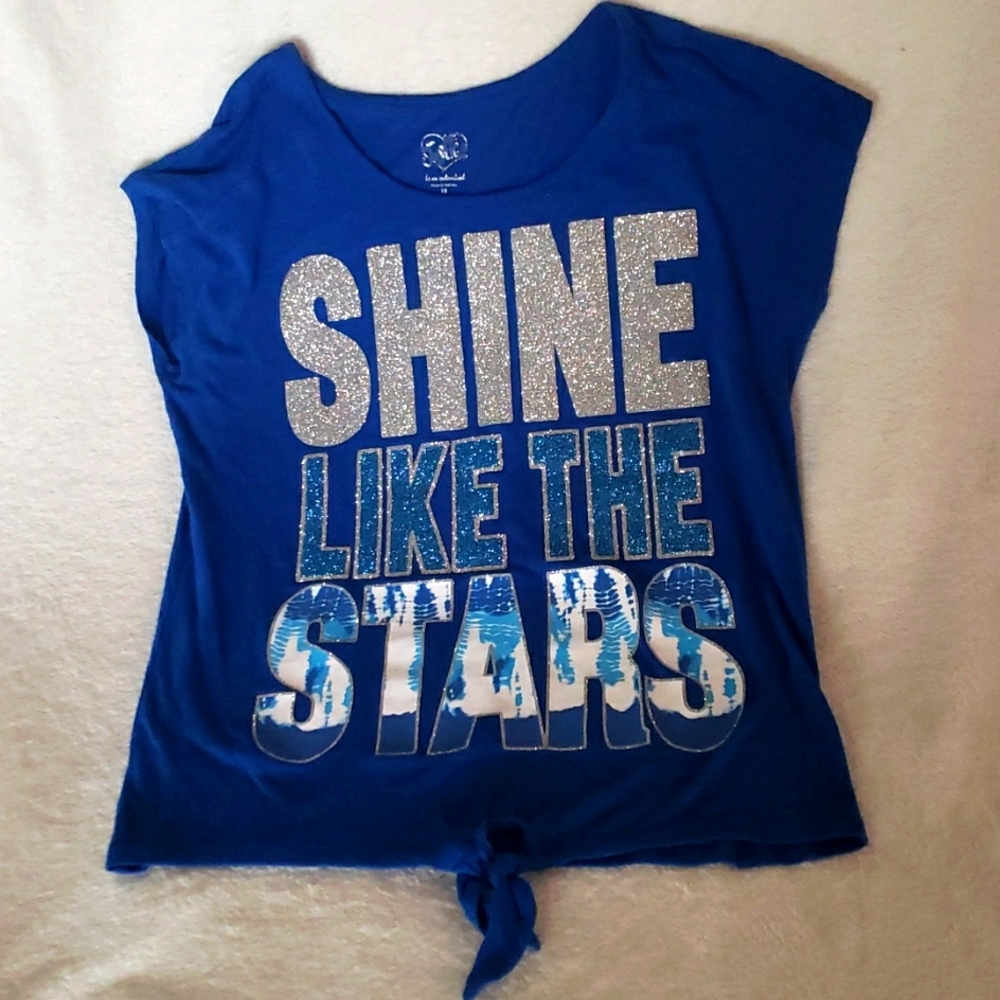 Made by Justice, blue and silver  glitter reads "Shine like the stars"